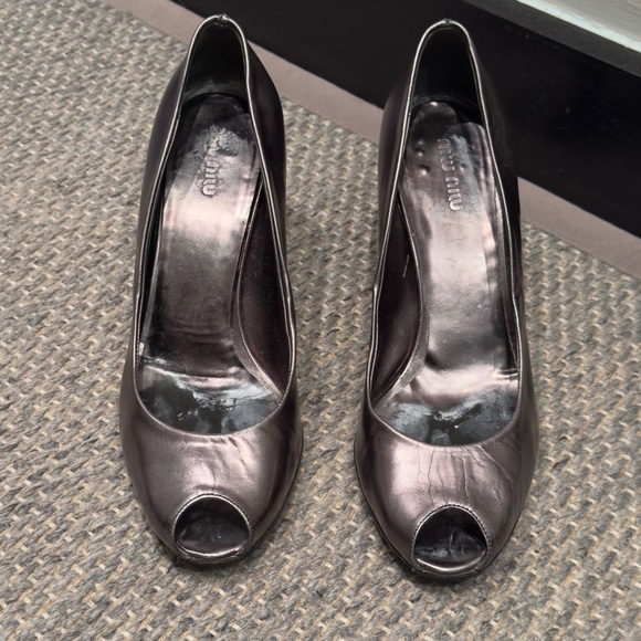 Miu Miu Matelic Gunmetal Look Peep Toe Women's Shoes 38.5 Made in Italy - Picture 1 of 8
